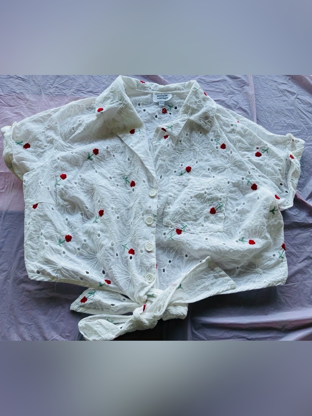 Unique Vintage Women’s White Floral Embroidered Tie Front Button-Up Top Sz 3X/20